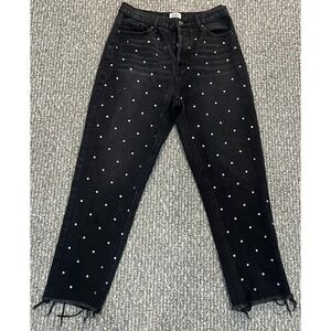 Simple Society Black Rhinestone Studded Jeans | High Rise Straight Raw Hem Sz 9